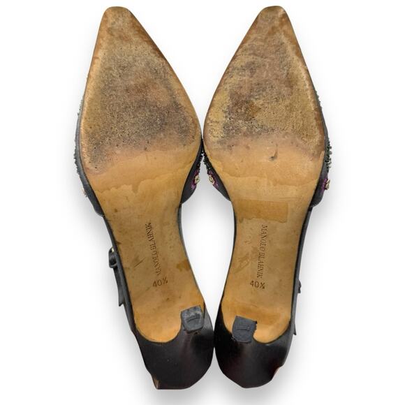 Manolo Blahnik Carolyne Vintage Gray Embroider Floral Slingback Kitten Heel 40.5 - Picture 11 of 13